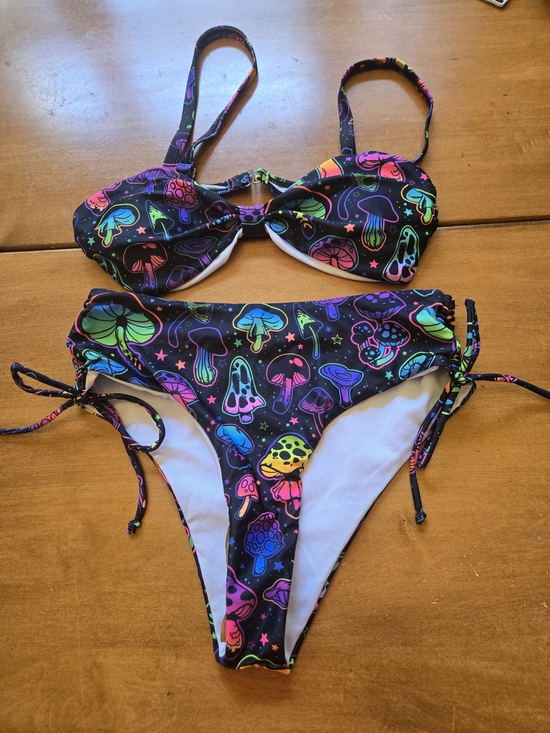 None Other - Neon Mushroom Print Womens Bikini in Black with Multicolor Accents